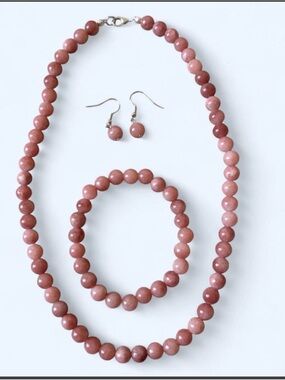 NWOT Handcrafted Pink Sunstone Beaded Necklace, Bracelet & Earring Set